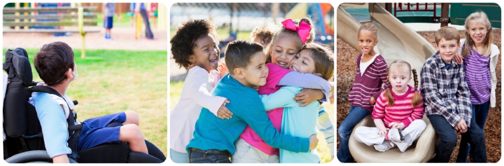 Collage of children in a playpark, one in a wheelchair, a group celebrating and another group around a slide