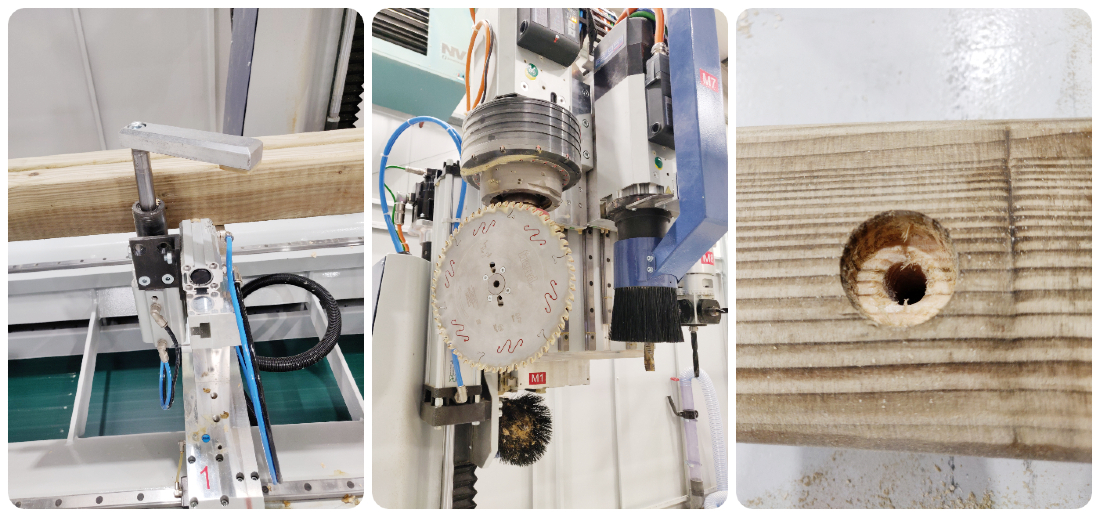 Collage of a machine saw, an automatic timber clamp and a hole in wood made by an expensive drilling machine