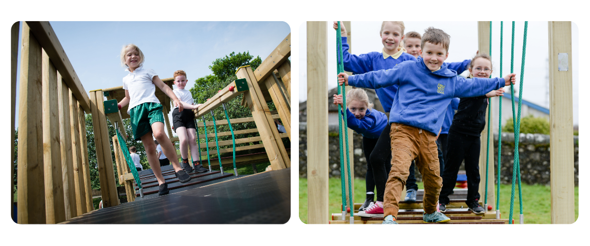 Photo of children in school uniform running along a clatterbridge towards the camera / Photo of children holding onto ropes as they make their way across a clatterbridge