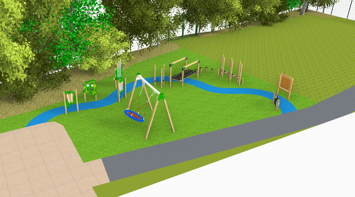 3D Render design image of inclusive playground in a green area, includes basket swing and a variety of play panels, with plenty of room for wheelchair access
