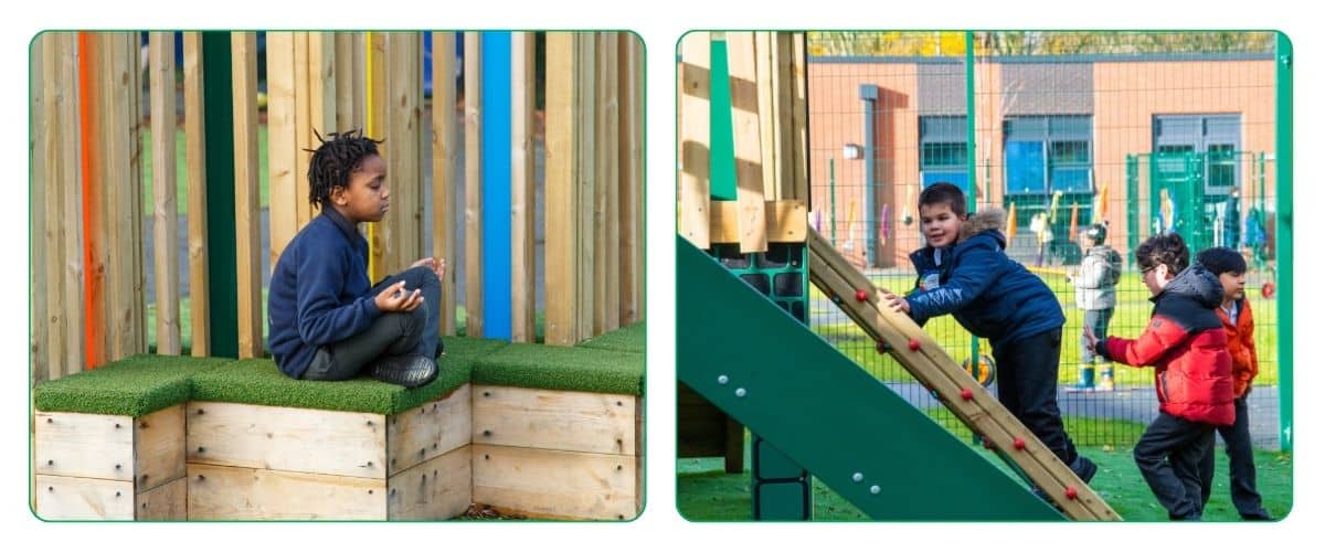 This image shows pupils using a sensory shelter to meditate whilst other pupils climb on ladders