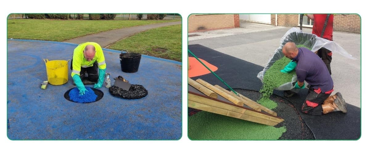 This image depicts two of our maintenance and repair team repairing wet pour safety surfacing in the playgrounds in the UK