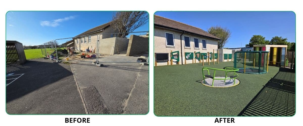 This image shows the before and after images of the playground transformation at St George's Primary School