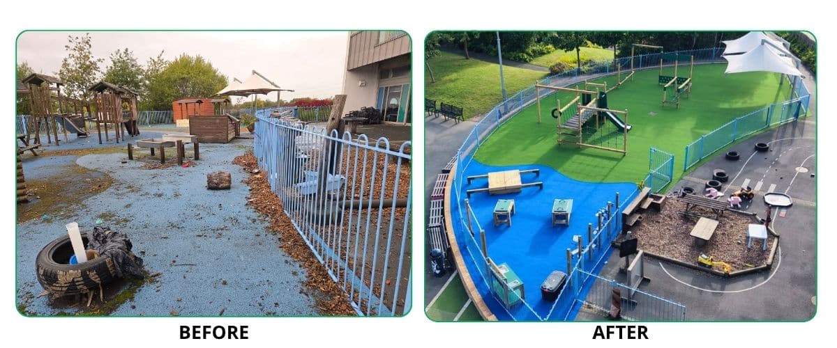 This image show the before and after of the playground transformation at Knop Law Primary School