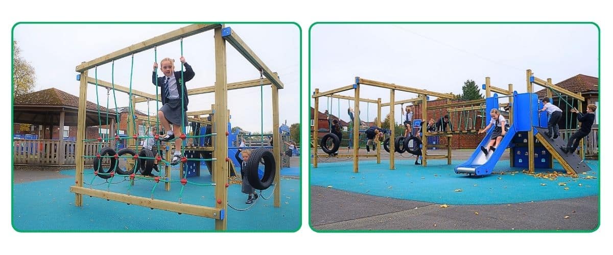 Two images of children playing on a DART activity centre sitting on blue surfacing at Middleton, Manchester