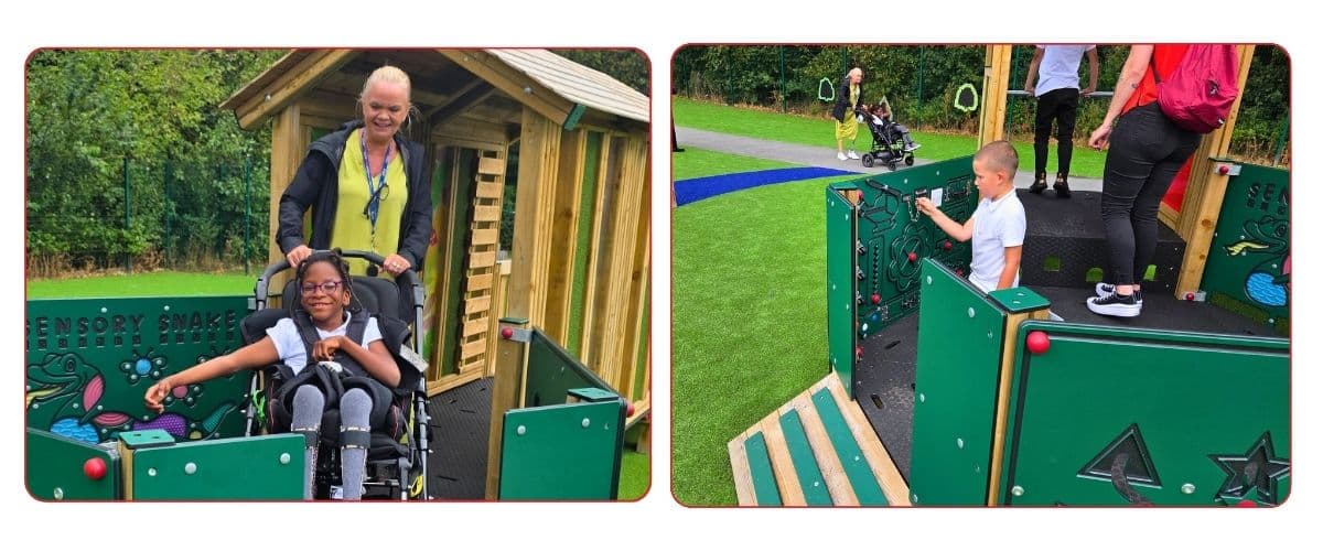 This image shows two pupils from Prospect House school in Manchester UK using the grasshopper jigsaw town inclusive play equipment from Creative Play