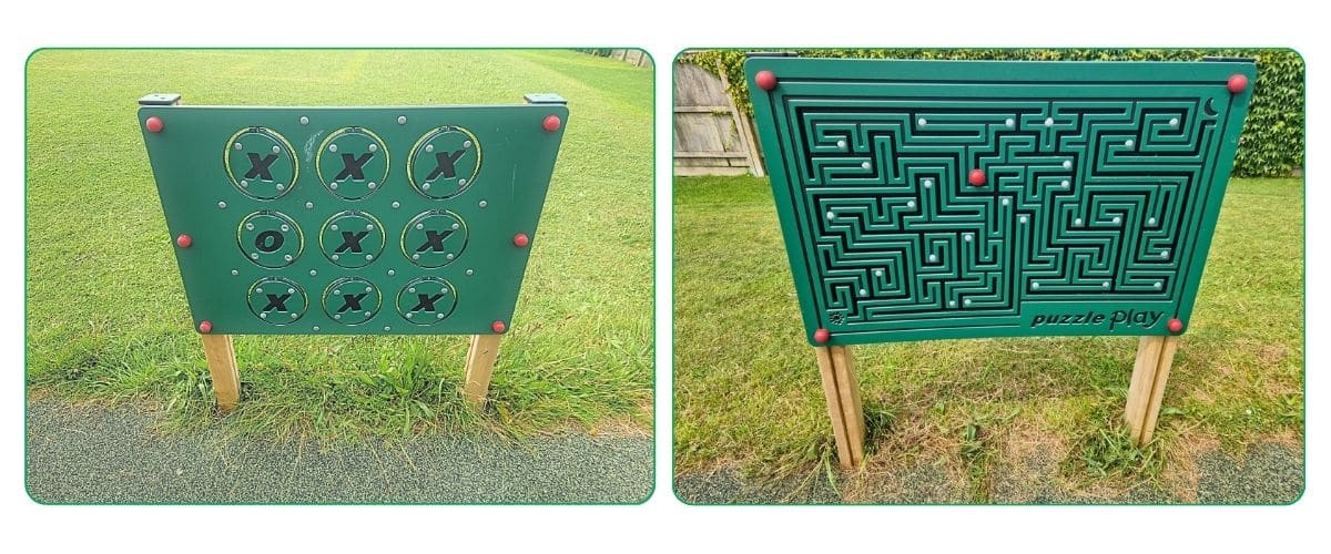Two images of play panels in a play park, one a maze the other a noughts and crosses game