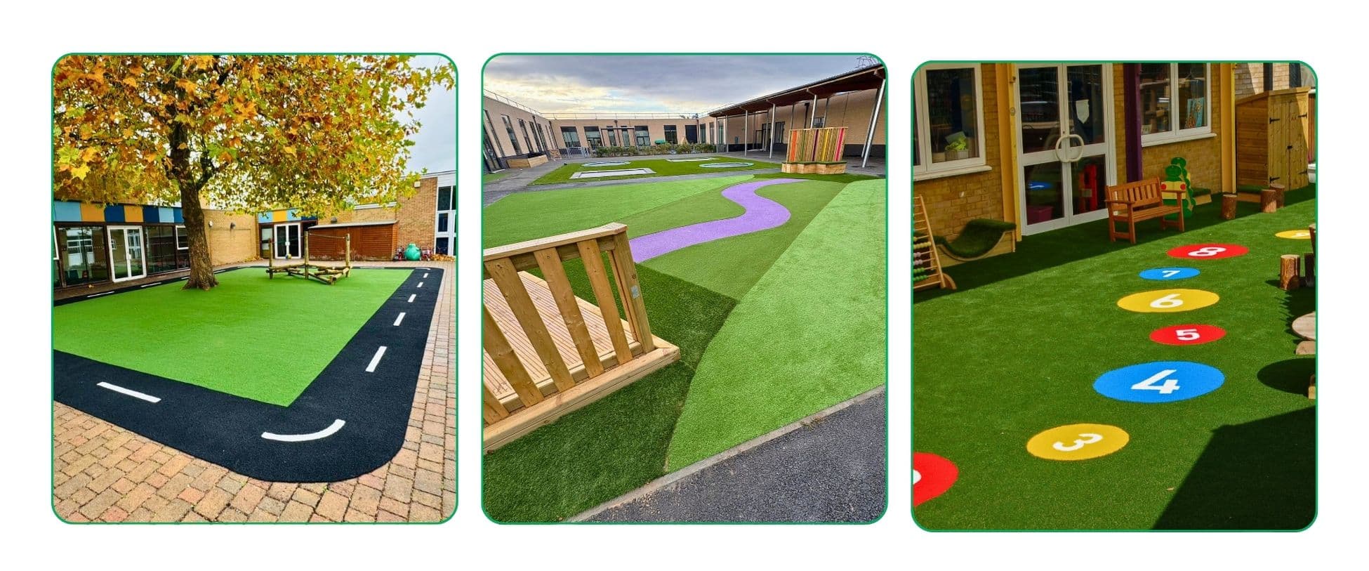 This image depicts different projects Creative Play have designed and installed that use artificial grass safety surfacing.