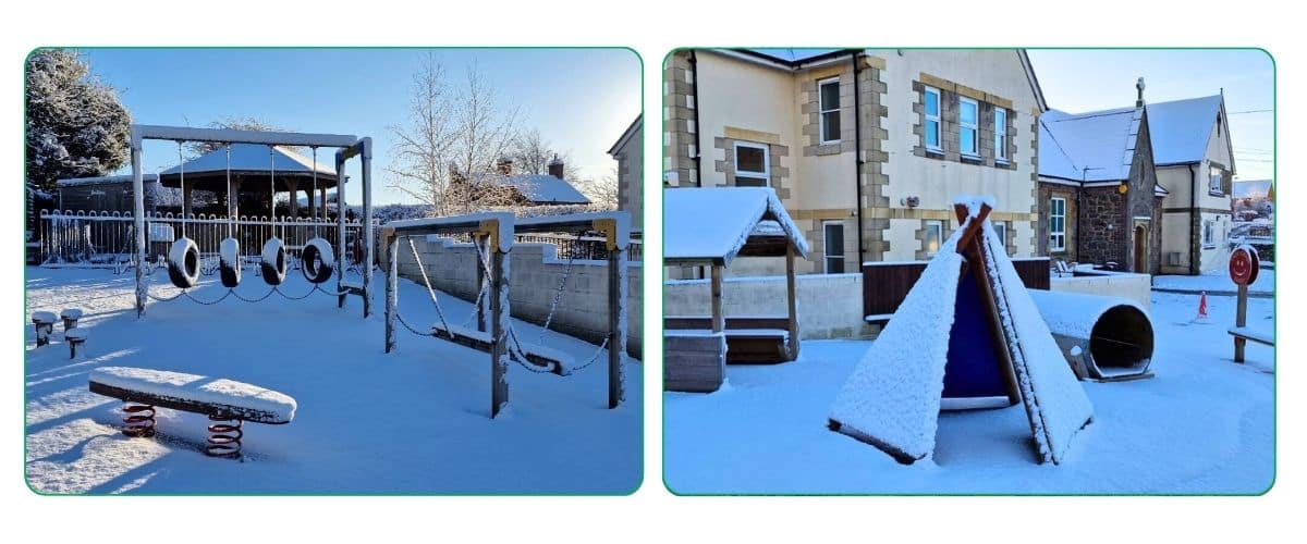 Two images showcasing snow covered playground at St John The Baptist