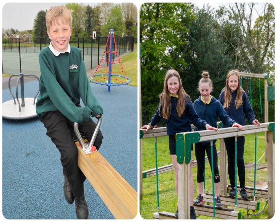 Kid in a green school uniform on a seesaw and another pic of girls in school uniform walking a clatterbridge