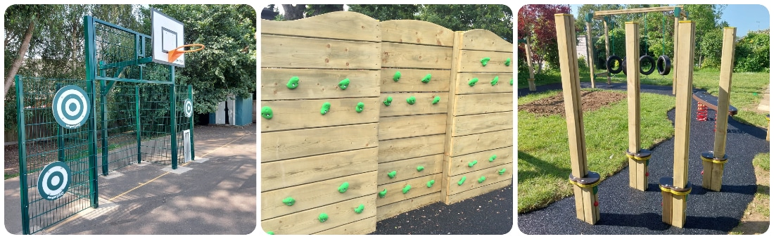 Collage of three pieces of outdoor play equipment focused on developing coordination