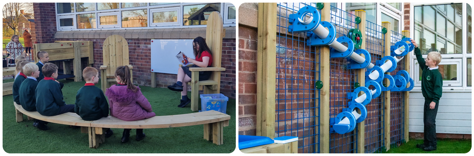 Left image is of a girl sat in a chair outdoors reading to fellow classmates sat on a curved bench. Right image is of a child in school uniform playing with an outdoor water play aparatus