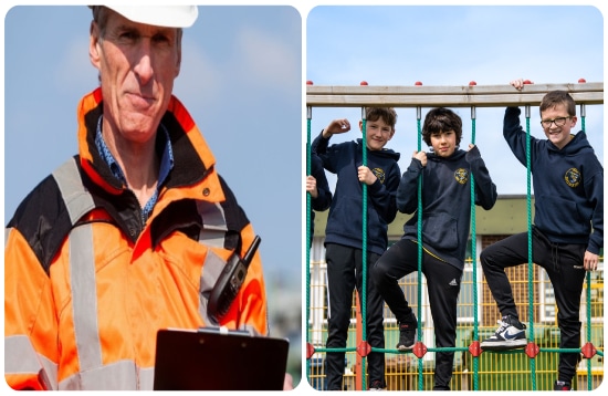Man in orange coat in a photo and another pic featuring three boys standing on a clatterbridge