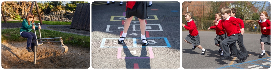 Collage of three pics of children at playtime, a girl on a digger, a girl playing hopscotch, and children in red uniforms running in the yard