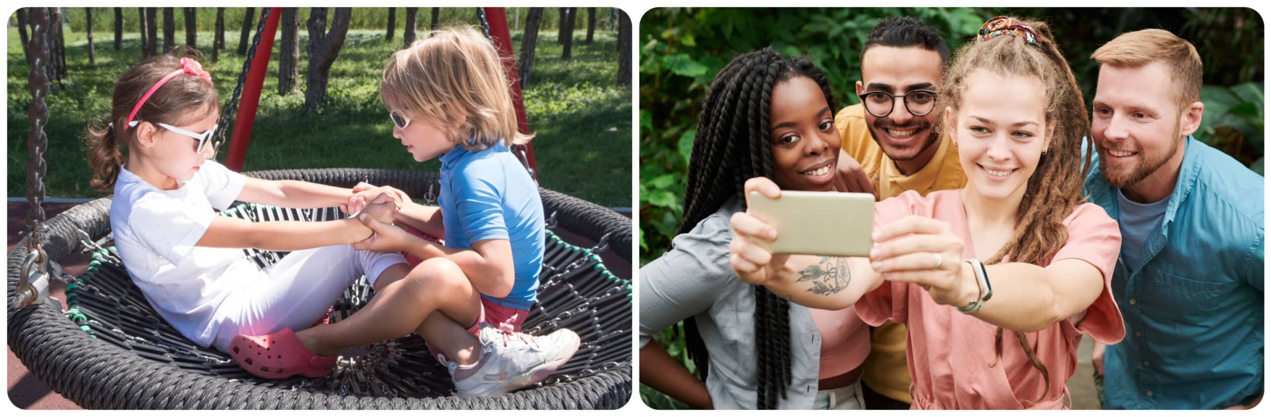 people taking a selfie in the park / kids on a swinger