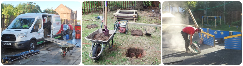 Three photos showing the installation works of a playground
