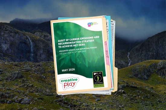 This image shows Creative Play's May 2026 Carbon report with a background image of a mountain range 