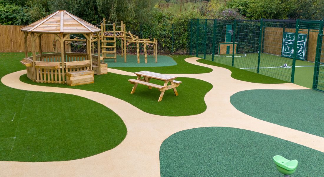 Aerial shot of timber play equipment set at school playground