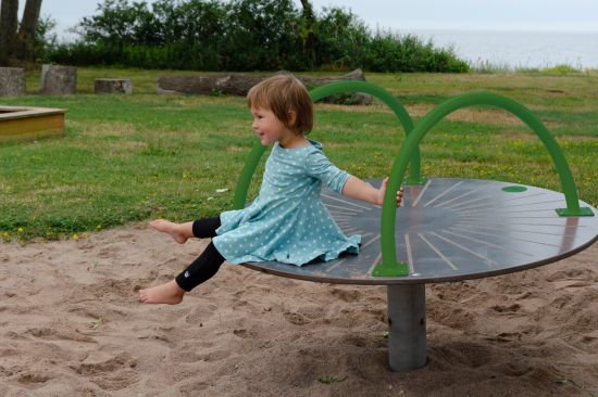 This image shows a young girl on a round about
