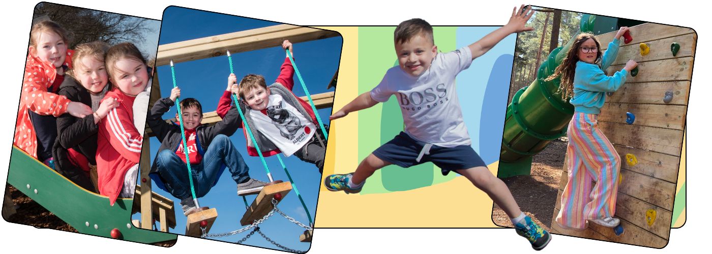 This image shows multiple images of children playing on playgrounds 