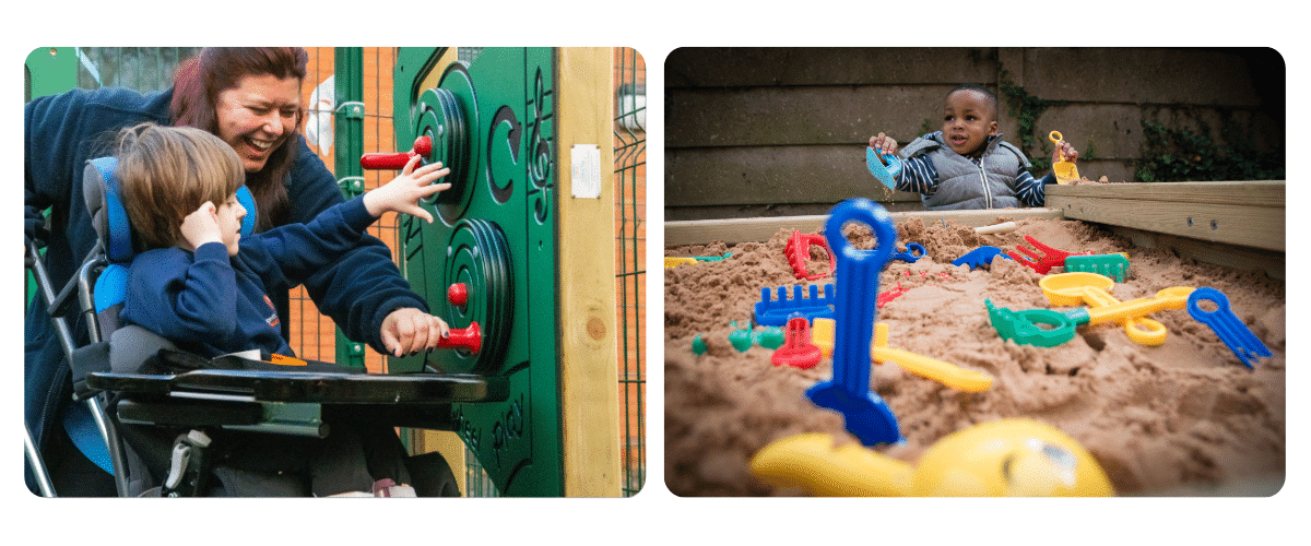 Photo of child in wheelchair being assisted to use a play panel by a larger woman / Sandpit being enjoyed by a young boy