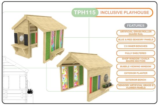Inclusive Playhouse - TPH115 Card listing features of an inclusive outdoor playhouse with rendered images
