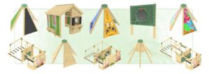 Collection of 10 inclusive playground equipment pieces as rendered design images
